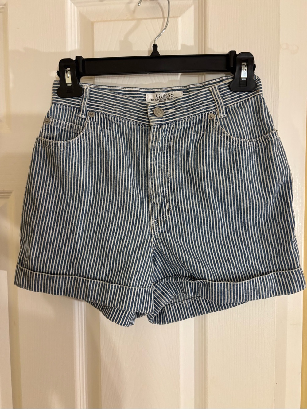 GUESS Blue & White Striped Cuffed Denim Shorts